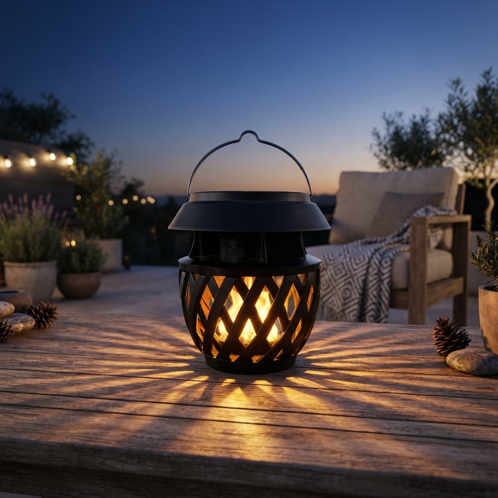 Flickering Flame Solar Lantern - Black ABS Light with Constant, Breathing and Flame Modes, IP55 Rating and USB Charging for Yard and Cafe