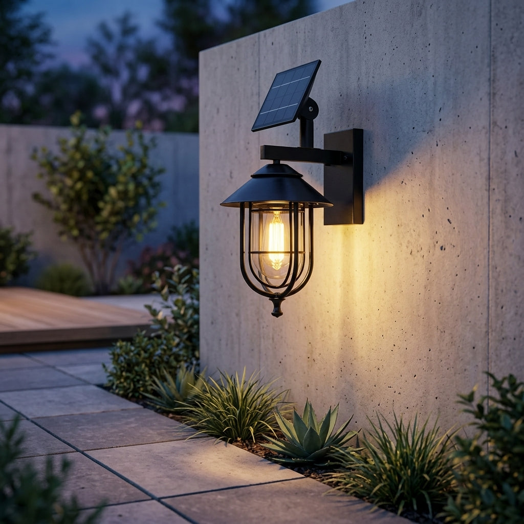 Rustic Birdcage Porch Wall Light - Black Die-cast Aluminum and Glass Cage Lantern with Solar or Hardwired Power for Patio and Courtyard