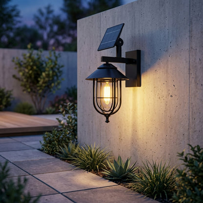 Rustic Birdcage Porch Wall Light - Black Die-cast Aluminum and Glass Cage Lantern with Solar or Hardwired Power for Patio and Courtyard