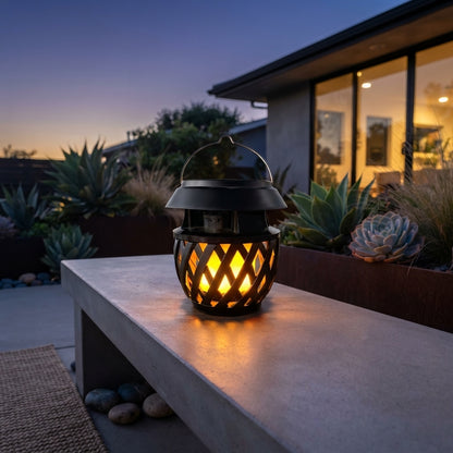 Flickering Flame Solar Lantern - Black ABS Light with Constant, Breathing and Flame Modes, IP55 Rating and USB Charging for Yard and Cafe