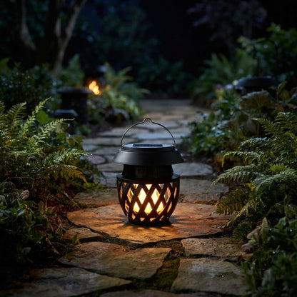 Flickering Flame Solar Lantern - Black ABS Light with Constant, Breathing and Flame Modes, IP55 Rating and USB Charging for Yard and Cafe