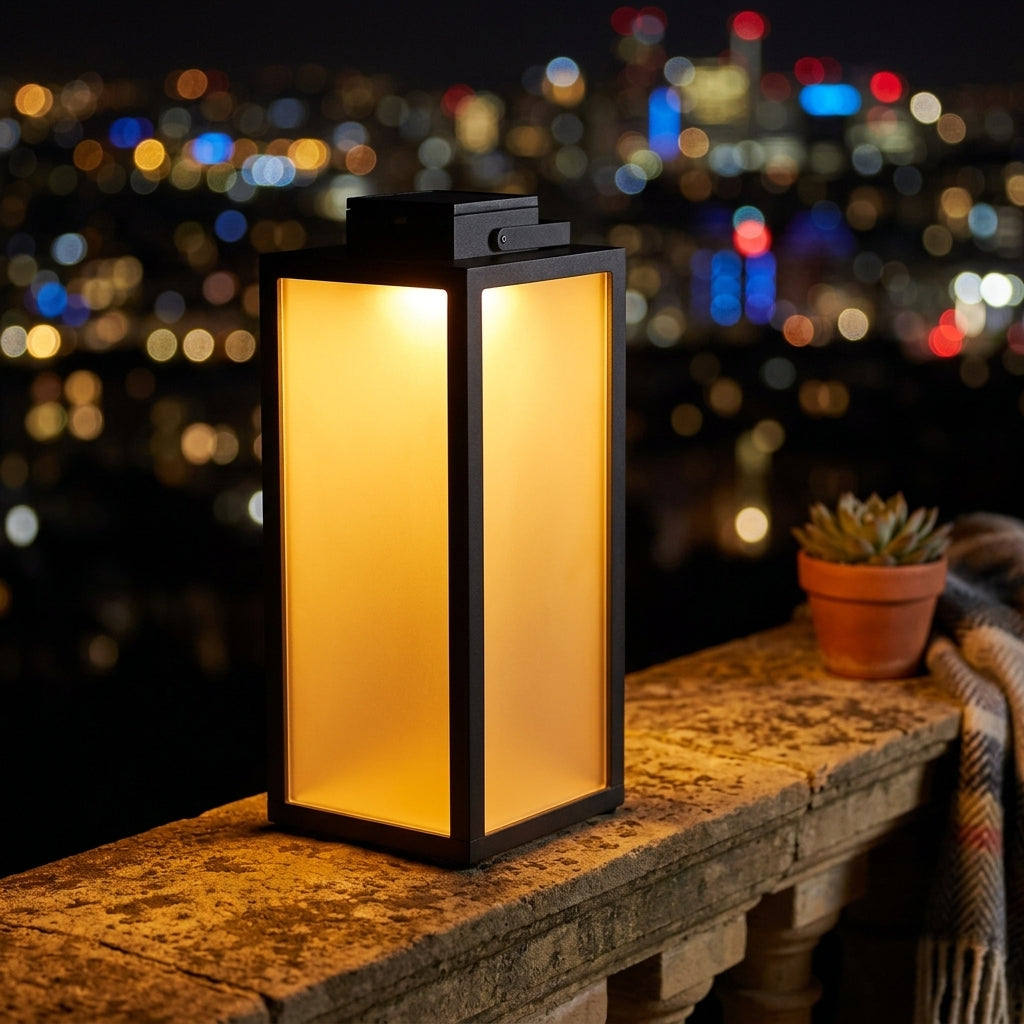 Square Solar Lantern - Black Stainless Steel and PC Portable Light with Warm White 3000K LED, IP65 Rating and 15.7 Inch Height, Open-Box