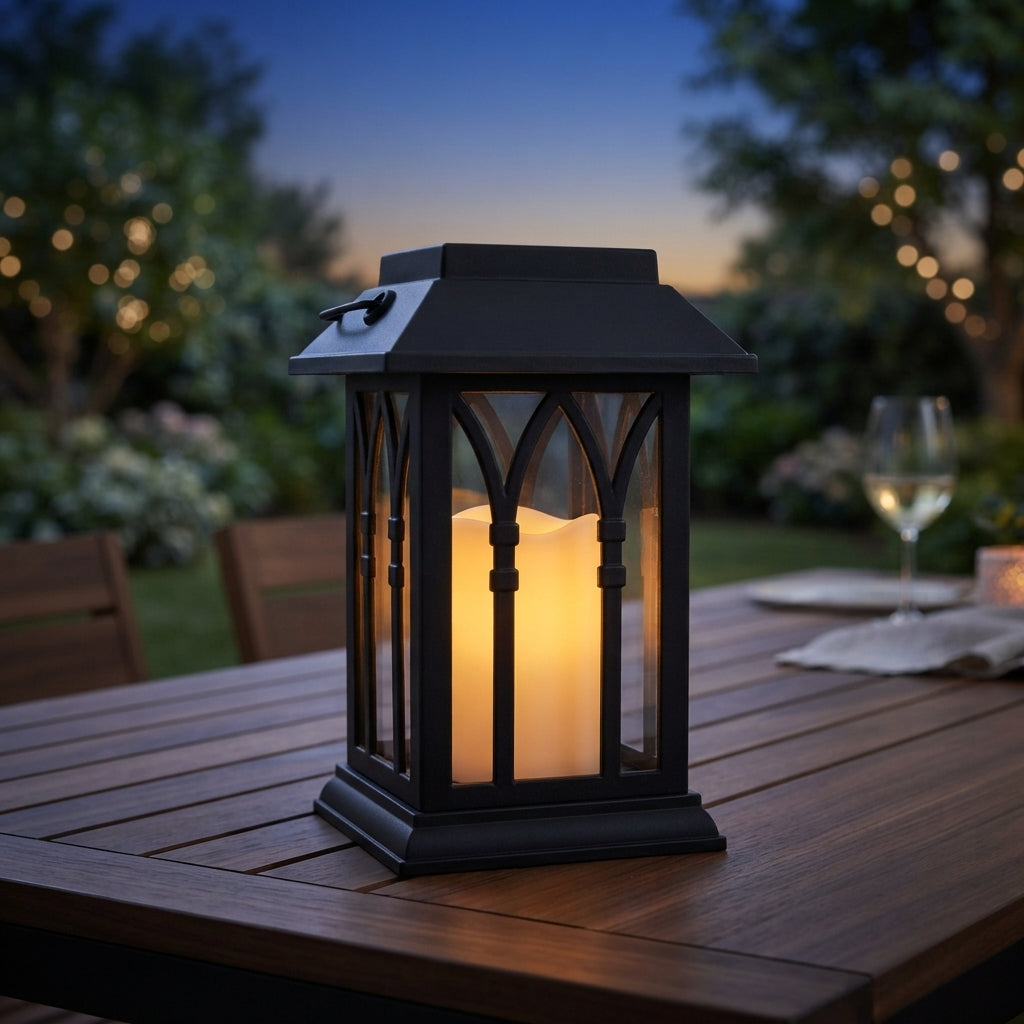 Candlestick Lantern - Black Solar Lantern in Horizontal Line or Grid Cut-Outs with Dusk Sensor, 3000K Warm White and IP54 Protection