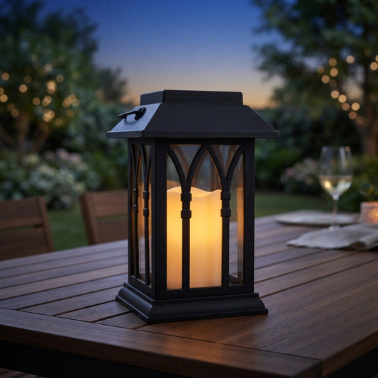 Candlestick Lantern - Black Solar Lantern in Horizontal Line or Grid Cut-Outs with Dusk Sensor, 3000K Warm White and IP54 Protection