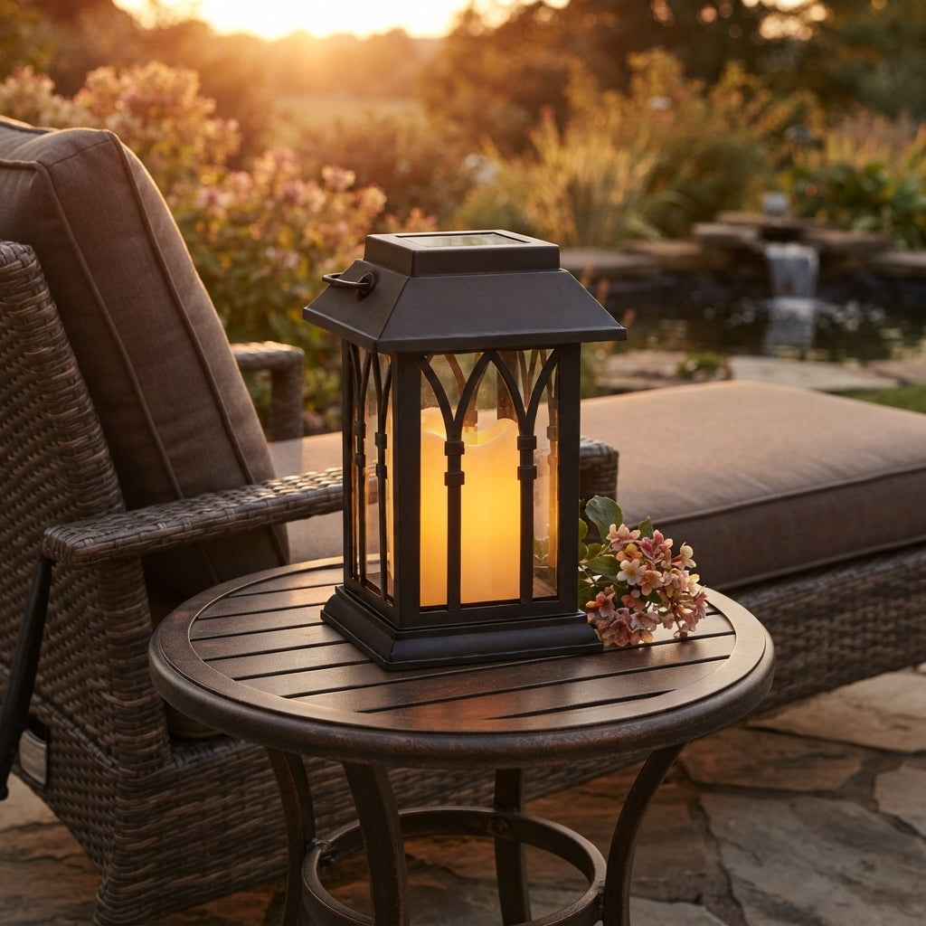 Candlestick Lantern - Black Solar Lantern in Horizontal Line or Grid Cut-Outs with Dusk Sensor, 3000K Warm White and IP54 Protection
