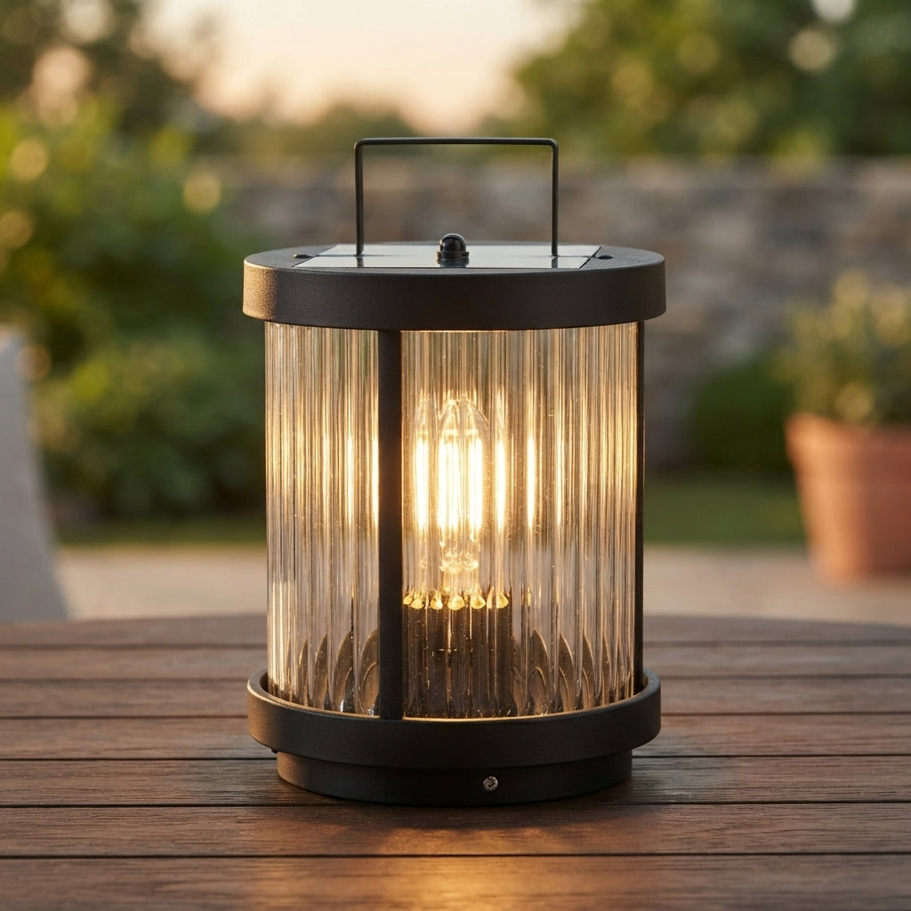 Outdoor Solar Lantern - Striped Glass Cylinder with Stainless Steel Handle in 8 and 12 Inch Widths, Solar or Hardwired, IP54 Rated