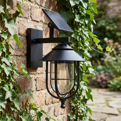 Rustic Birdcage Porch Wall Light - Black Die-cast Aluminum and Glass Cage Lantern with Solar or Hardwired Power for Patio and Courtyard