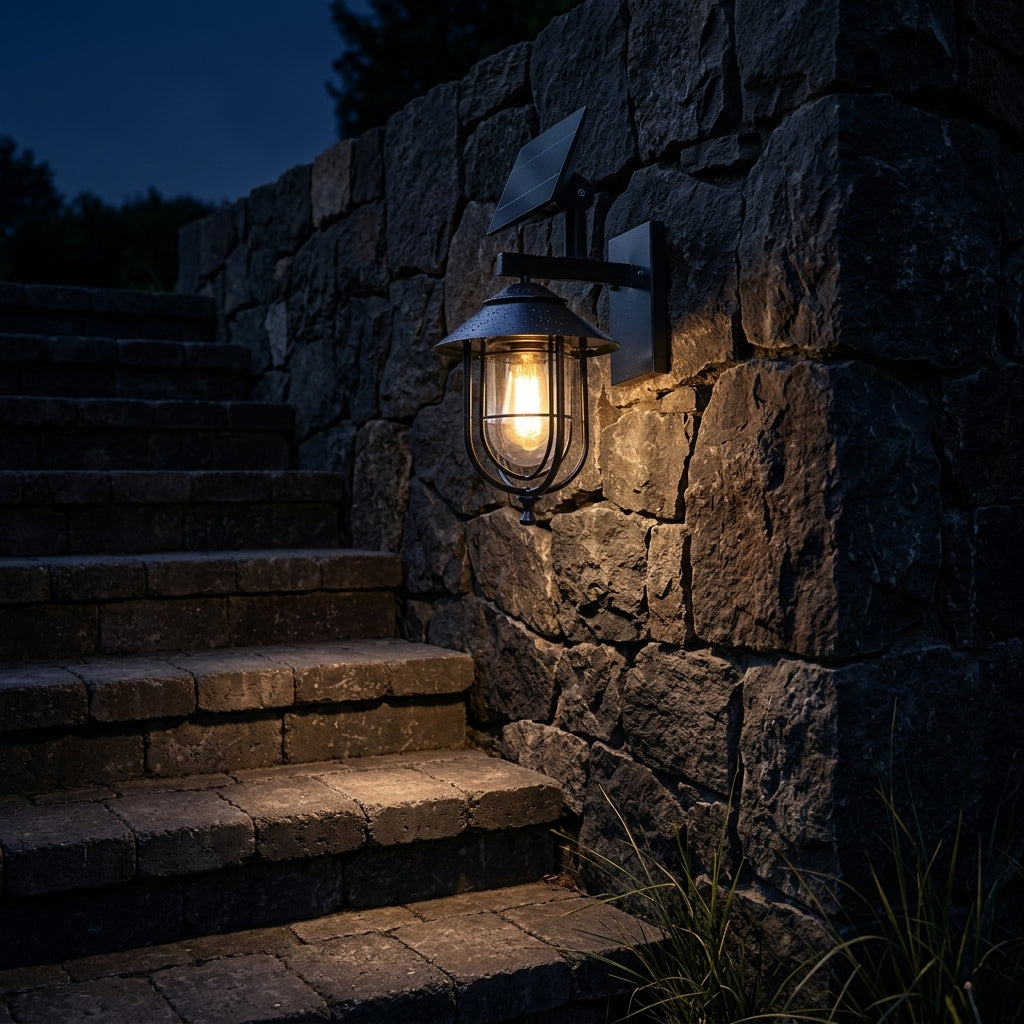 Rustic Birdcage Porch Wall Light - Black Die-cast Aluminum and Glass Cage Lantern with Solar or Hardwired Power for Patio and Courtyard