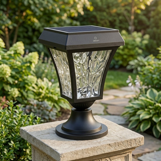 Solar Wave Post Light - Black Die-cast Aluminum and PC Vintage Lantern in Cool or Warm White LED for Courtyard and Patio Fence Posts