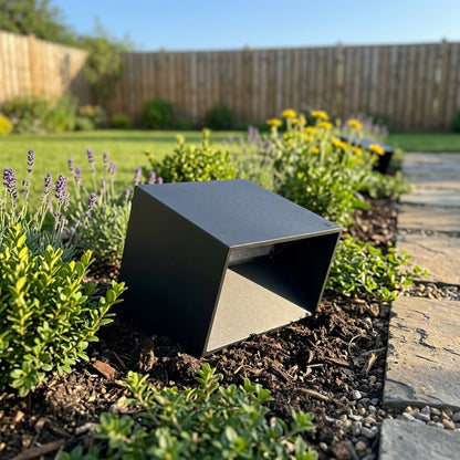Modern Cube Post Light - Black Stainless Steel and Glass Lantern in 8 x 8 x 6 or 12 x 12 x 9 Inch Sizes, Solar or Hardwired, for Courtyards