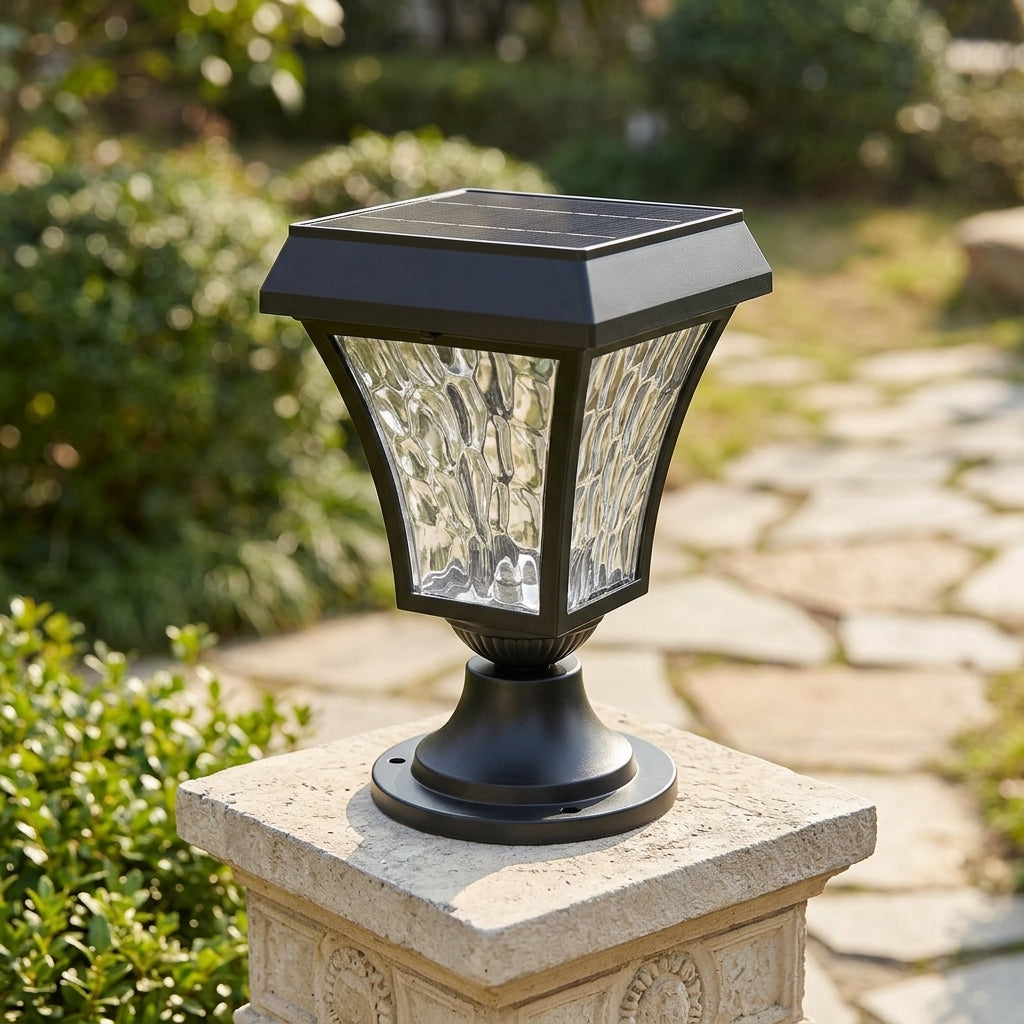 Solar Wave Post Light - Black Die-cast Aluminum and PC Vintage Lantern in Cool or Warm White LED for Courtyard and Patio Fence Posts