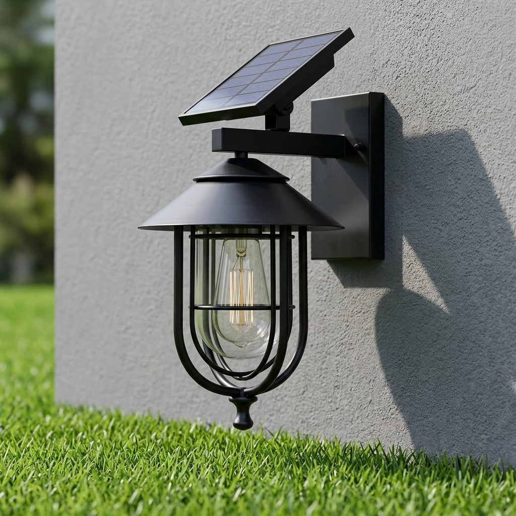 Rustic Birdcage Porch Wall Light - Black Die-cast Aluminum and Glass Cage Lantern with Solar or Hardwired Power for Patio and Courtyard