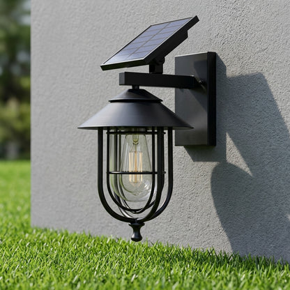 Rustic Birdcage Porch Wall Light - Black Die-cast Aluminum and Glass Cage Lantern with Solar or Hardwired Power for Patio and Courtyard