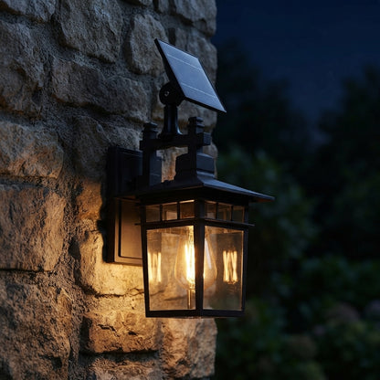 Porch Rustic Square Wall Light - Black Die-cast Aluminum and Glass Farmhouse Sconce, Solar or Hardwired, for Courtyard, Patio and Doorways