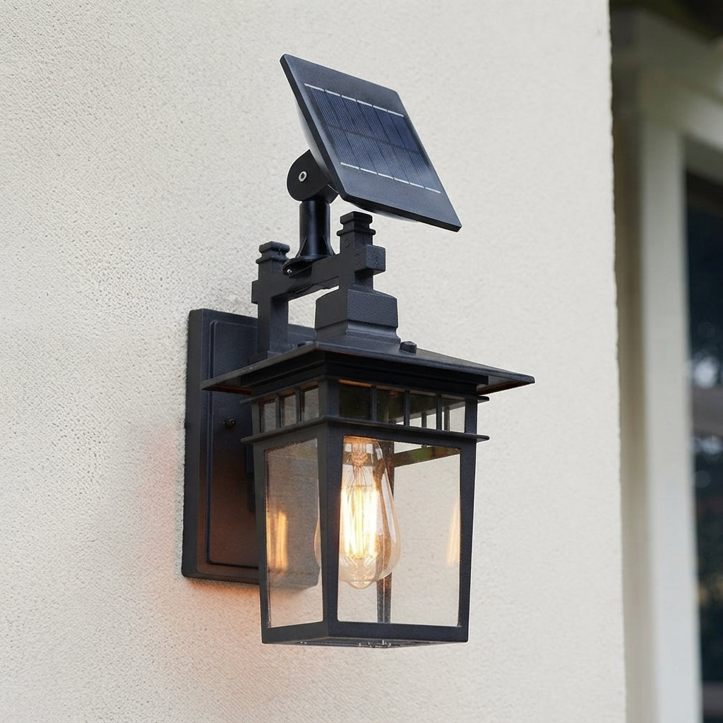 Porch Rustic Square Wall Light - Black Die-cast Aluminum and Glass Farmhouse Sconce, Solar or Hardwired, for Courtyard, Patio and Doorways