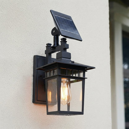 Porch Rustic Square Wall Light - Black Die-cast Aluminum and Glass Farmhouse Sconce, Solar or Hardwired, for Courtyard, Patio and Doorways