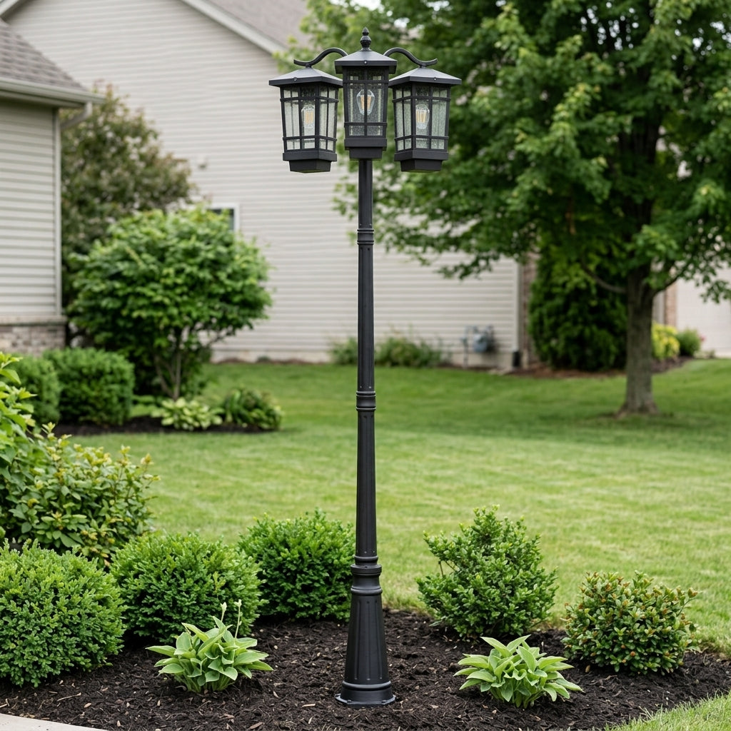 Pole Street Light - Industrial Die-cast Aluminum and Glass Lamp with 2-Light or 3-Light Heads, Solar or Hardwired, for Courtyard Pathways