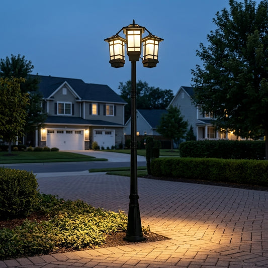 Pole Street Light - Industrial Die-cast Aluminum and Glass Lamp with 2-Light or 3-Light Heads, Solar or Hardwired, for Courtyard Pathways