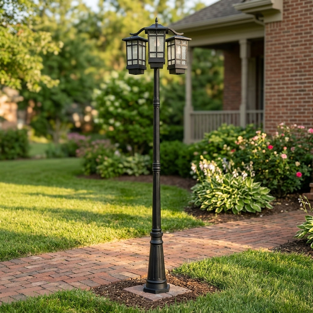 Pole Street Light - Industrial Die-cast Aluminum and Glass Lamp with 2-Light or 3-Light Heads, Solar or Hardwired, for Courtyard Pathways