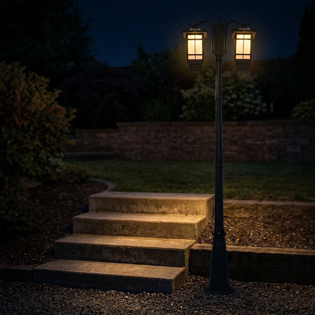 Pole Street Light - Industrial Die-cast Aluminum and Glass Lamp with 2-Light or 3-Light Heads, Solar or Hardwired, for Courtyard Pathways