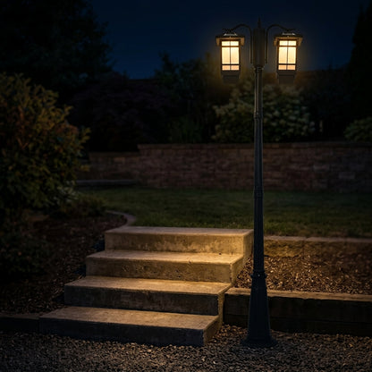 Pole Street Light - Industrial Die-cast Aluminum and Glass Lamp with 2-Light or 3-Light Heads, Solar or Hardwired, for Courtyard Pathways