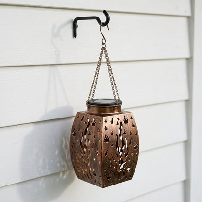 Bronze Solar Hanging Lanterns - Matched Pair of 16 Inch Metal Flame Effect Lanterns for Shepherd's Hooks, Porch Brackets and Pergola Beams