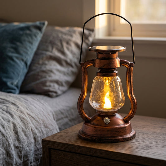 Vintage Solar Kerosene Style Flame Lantern - Glass Chimney and Wire Bail Handle in Two Styles with Solar Flame Effect for Porch and Doorstep