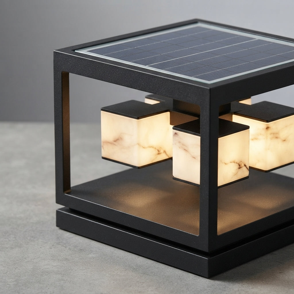 Deck Square Modern Post Light - Black PC and Stainless Steel Cap Lamp in 1 or 2 Layer Styles, 11 and 15.7 Inch Widths, Solar or Hardwired