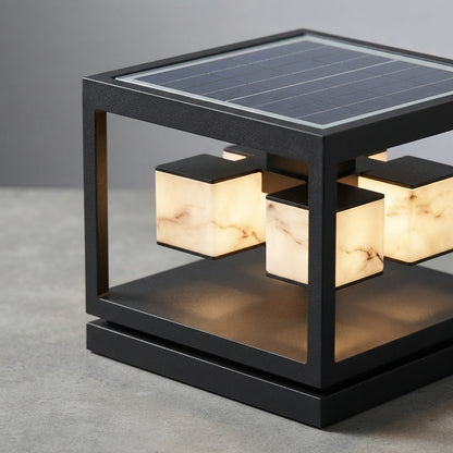 Deck Square Modern Post Light - Black PC and Stainless Steel Cap Lamp in 1 or 2 Layer Styles, 11 and 15.7 Inch Widths, Solar or Hardwired