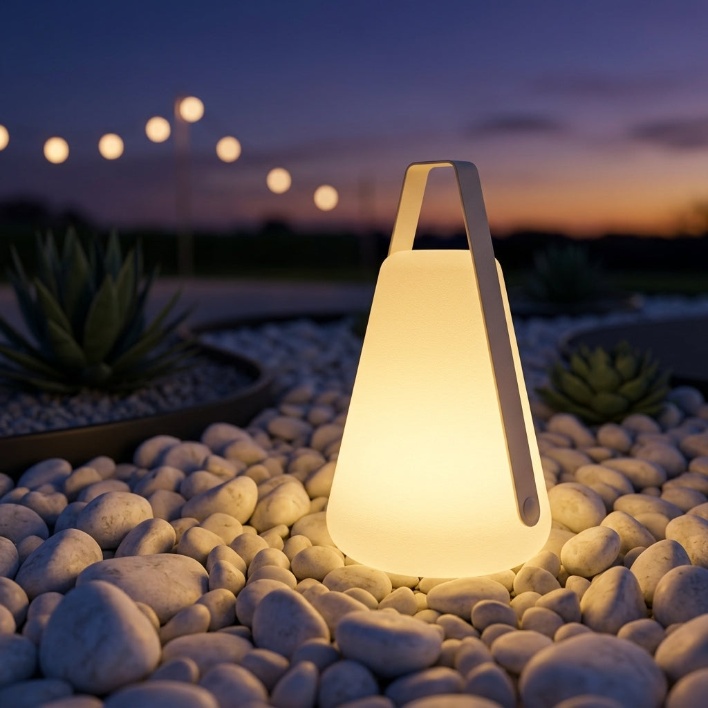 Portable LED Lantern - Aluminum and Acrylic 5W Warm Light with USB or Solar Charging in 13 and 21.7 Inch Heights for Lawns and Garden Paths
