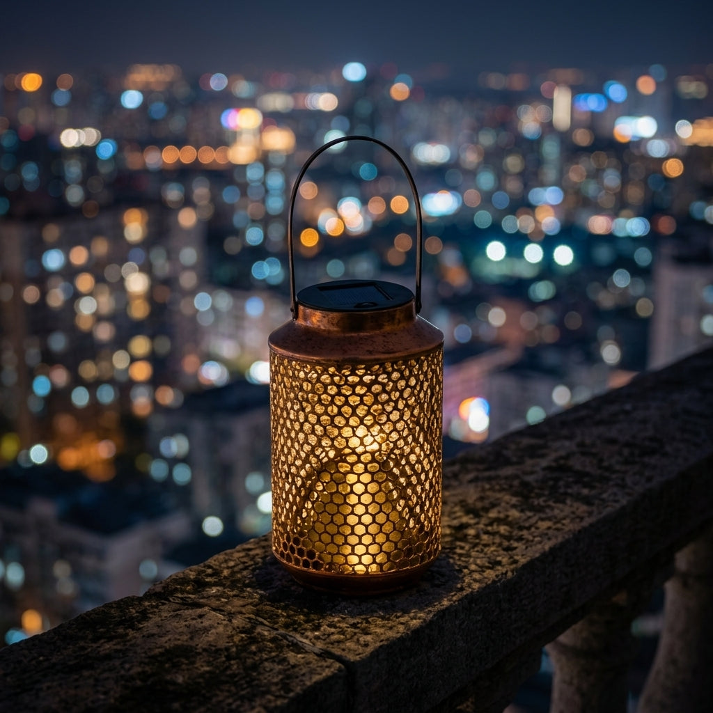 Portable Solar Lantern - Bronze Perforated Iron Light with ABS Shade, 0.5W Warm White 3000K LED and 6 to 8 Hour Runtime for Balconies