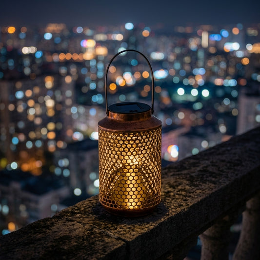 Portable Solar Lantern - Bronze Perforated Iron Light with ABS Shade, 0.5W Warm White 3000K LED and 6 to 8 Hour Runtime for Balconies