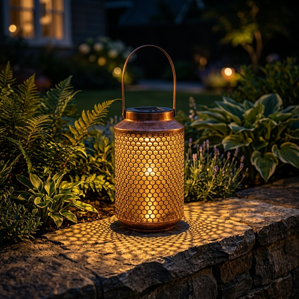 Portable Solar Lantern - Bronze Perforated Iron Light with ABS Shade, 0.5W Warm White 3000K LED and 6 to 8 Hour Runtime for Balconies