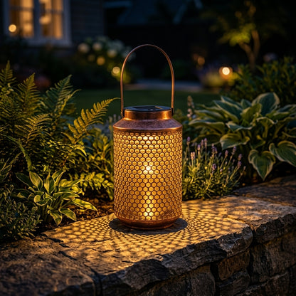 Portable Solar Lantern - Bronze Perforated Iron Light with ABS Shade, 0.5W Warm White 3000K LED and 6 to 8 Hour Runtime for Balconies