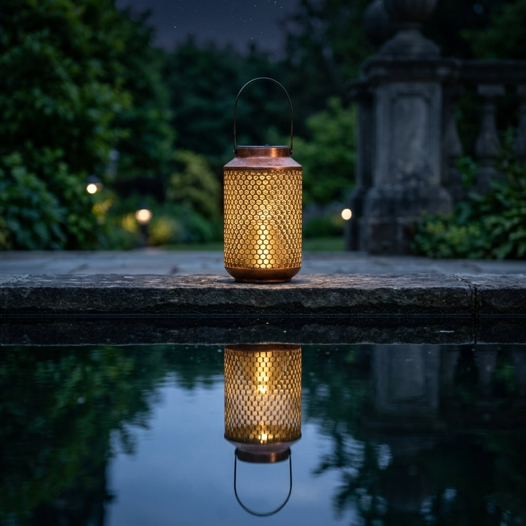 Portable Solar Lantern - Bronze Perforated Iron Light with ABS Shade, 0.5W Warm White 3000K LED and 6 to 8 Hour Runtime for Balconies