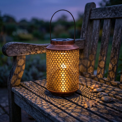 Portable Solar Lantern - Bronze Perforated Iron Light with ABS Shade, 0.5W Warm White 3000K LED and 6 to 8 Hour Runtime for Balconies