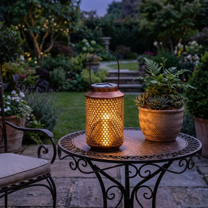 Portable Solar Lantern - Bronze Perforated Iron Light with ABS Shade, 0.5W Warm White 3000K LED and 6 to 8 Hour Runtime for Balconies