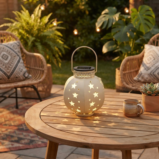 Star Projection Solar Lantern - Rustproof Iron Hanging Light with Warm White 3000K LED in Blue, White, Pink or Green for Porch and Garden