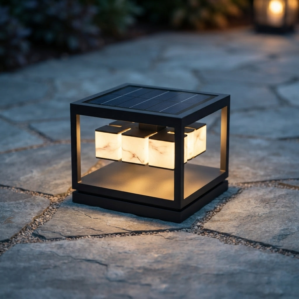 Deck Square Modern Post Light - Black PC and Stainless Steel Cap Lamp in 1 or 2 Layer Styles, 11 and 15.7 Inch Widths, Solar or Hardwired