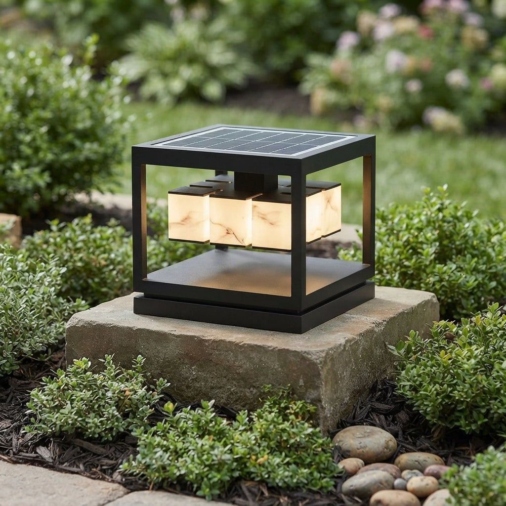 Deck Square Modern Post Light - Black PC and Stainless Steel Cap Lamp in 1 or 2 Layer Styles, 11 and 15.7 Inch Widths, Solar or Hardwired