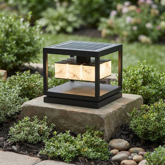 Deck Square Modern Post Light - Black PC and Stainless Steel Cap Lamp in 1 or 2 Layer Styles, 11 and 15.7 Inch Widths, Solar or Hardwired