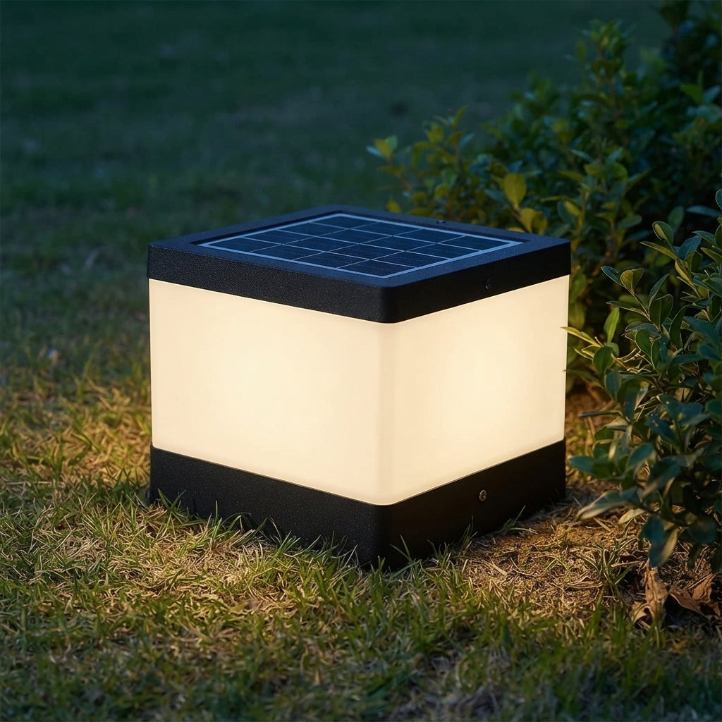 Solar Square Cube Post Light - Black Acrylic Industrial Cube Lamp in 10 and 12 Inch Heights for Courtyard Posts, Single to 8-Pack
