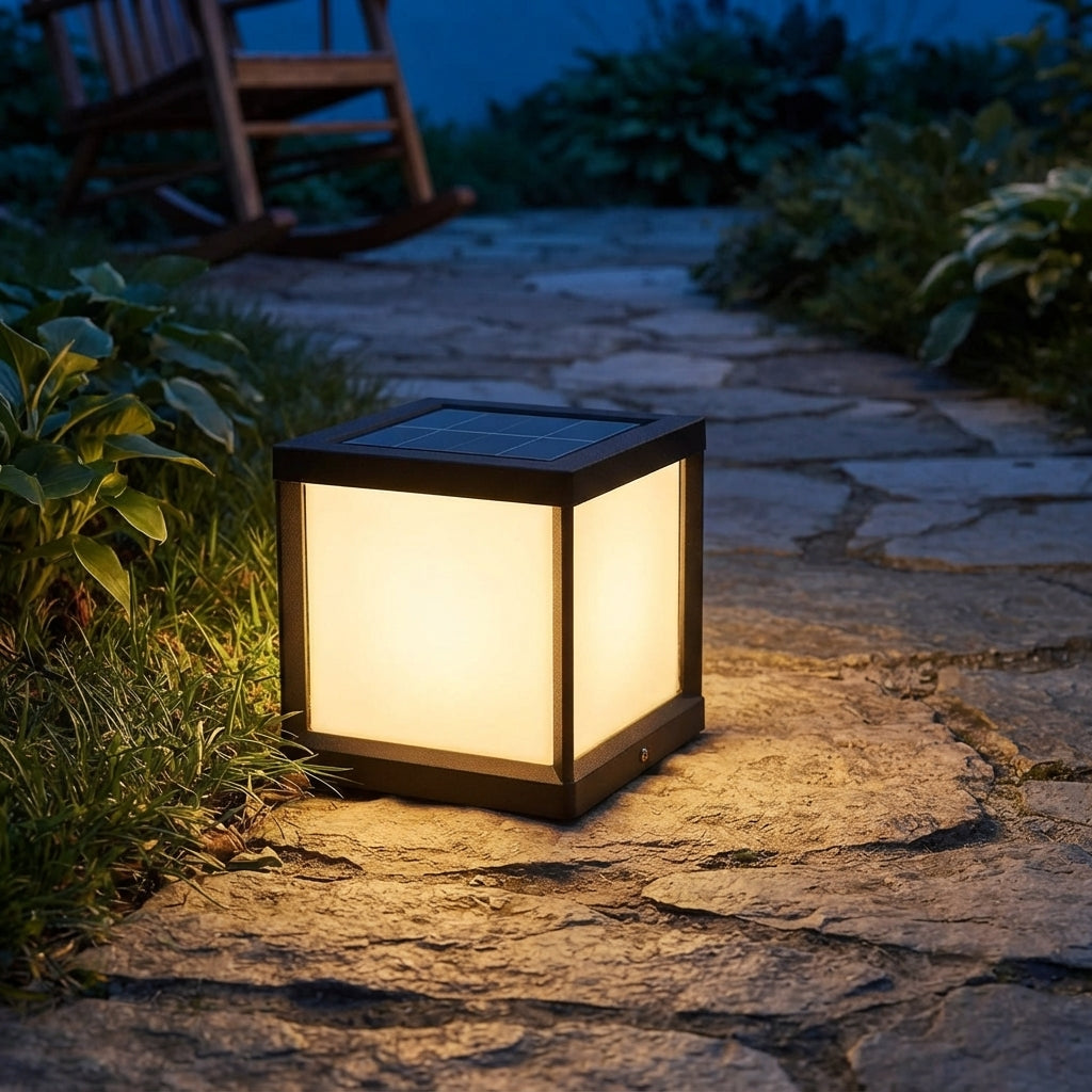 Solar Square Cube Post Light - Black Acrylic Industrial Cube Lamp in 10 and 12 Inch Heights for Courtyard Posts, Single to 8-Pack