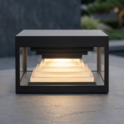 Square Modern Stepped Post Light - Stepped Black Stainless Steel Post Cap in 7.8 to 19.6 Inch Sizes, Solar or Hardwired, Single to 8-Pack