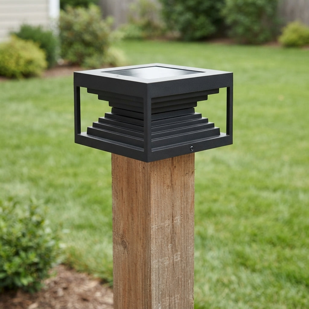 Square Modern Stepped Post Light - Stepped Black Stainless Steel Post Cap in 7.8 to 19.6 Inch Sizes, Solar or Hardwired, Single to 8-Pack