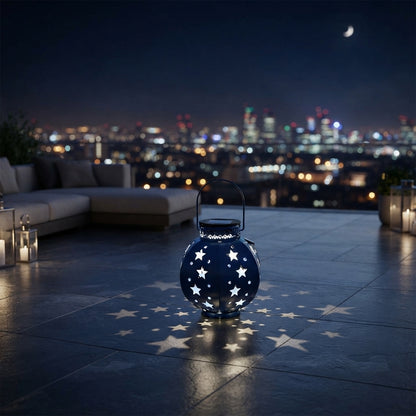 Star Projection Solar Lantern - Rustproof Iron Hanging Light with Warm White 3000K LED in Blue, White, Pink or Green for Porch and Garden