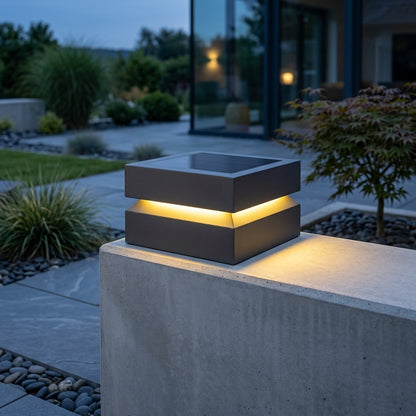 Square Modern Post Light - Black Stainless Steel Industrial Lantern in 9.8, 11.8 and 15.7 Inch Widths, Solar or Hardwired, for Courtyards
