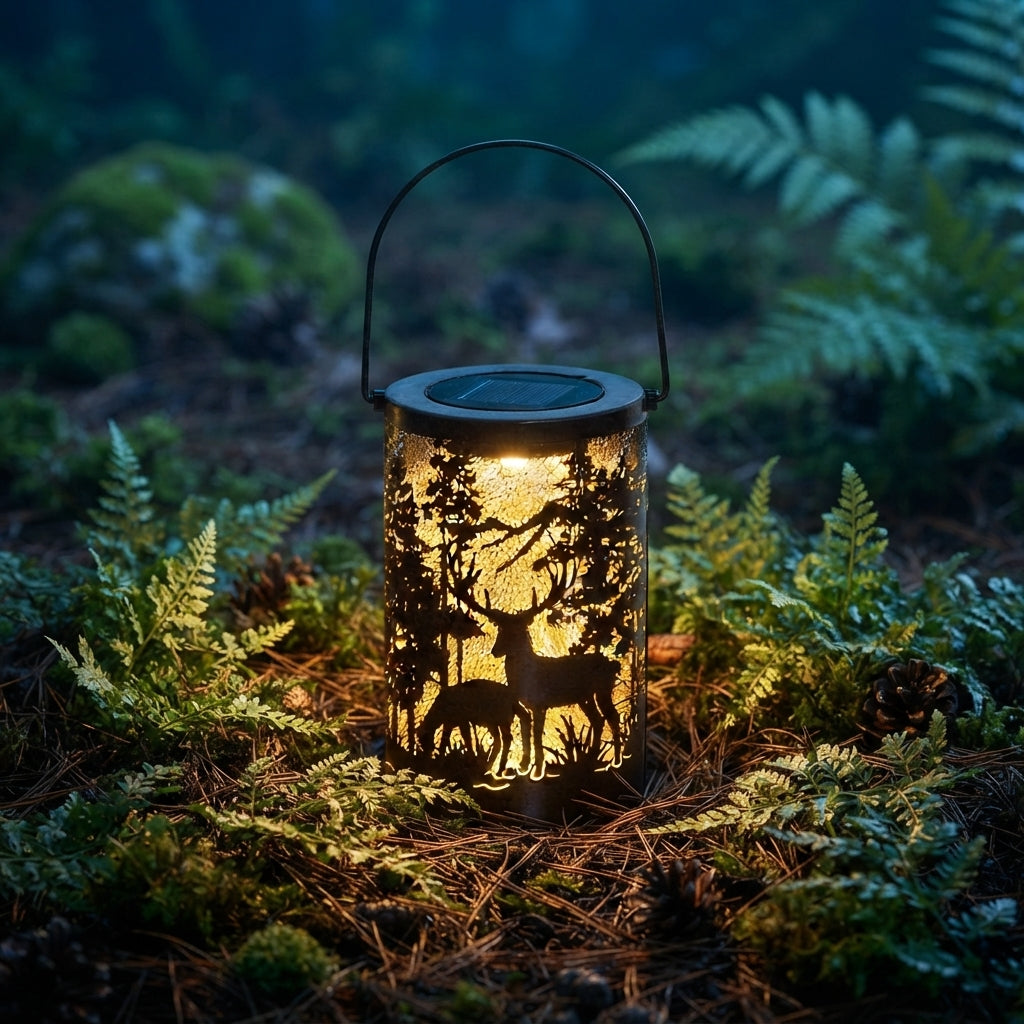 Solar Hollow Lantern - Etched Iron Deer Silhouette Hanging Light with 3000K Warm White Glow and IP65 Rating for Gardens and Balconies