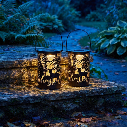Solar Hollow Lantern - Etched Iron Deer Silhouette Hanging Light with 3000K Warm White Glow and IP65 Rating for Gardens and Balconies