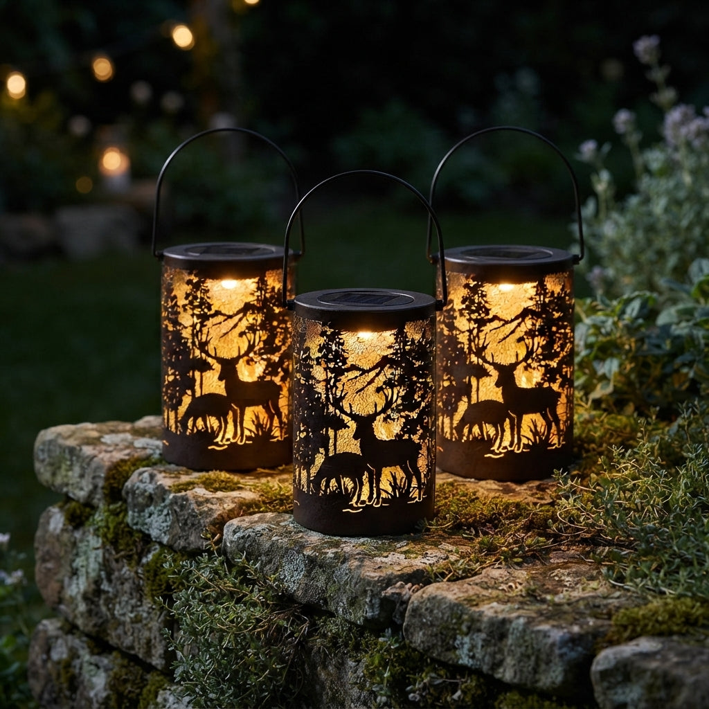 Solar Hollow Lantern - Etched Iron Deer Silhouette Hanging Light with 3000K Warm White Glow and IP65 Rating for Gardens and Balconies